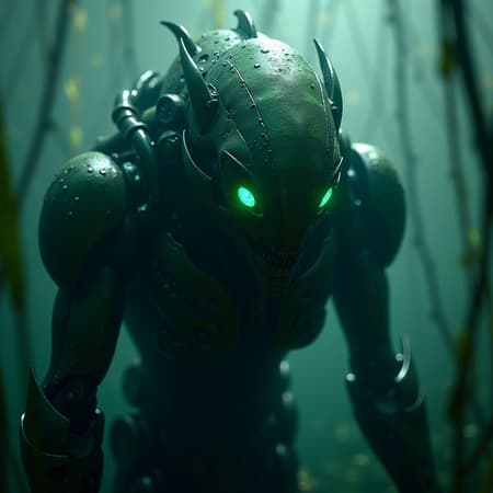 Cyborg entity from the dark depths, detailed mechanical intricacies, luminescent emerald eyes, ominous appearance, aquatic hybrid creature, moisture-covered, glistening marshland backdrop, rendered in Unreal Engine 4, immersive cinematic illumination.