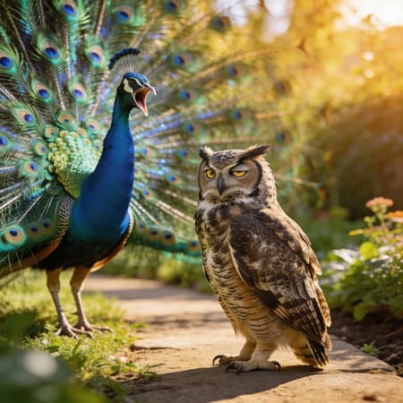 Screaming Peacock And Sleepy Owl Comparison On the first and second image you can see Hooh - large pet great horned owl. I want to make another pic with this owl
A photorealistic, humorous wildlife comparison shot. On the left side of the frame, a magnificent Indian peacock stands in full display. His enormous, iridescent tail feathers are fanned out in an explosion of shimmering blues and greens, catching the golden afternoon light. His posture is proud, almost arrogant, head held high, he is screaming triumphantly head held high, showing how amazing he is (he is not)
On the right side of the frame, the majestic Great Horned Owl, Hooh, stands on the same garden path. She is completely still, her feathers flat against her body. Her expression is one of utter, unimpressed boredom. Her large golden eyes are half-lidded, staring at the peacock's display with the exhausted disdain of someone who has seen it all before. She doesn't even bother to fluff up.
Soft garden lighting, shallow depth of field.