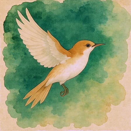 Generated Traditional Illustration Traditional illustration of a bird in graceful flight, embodying harmony with a Romanticism watercolor style. The composition features an earthy color palette set against a rich green background.