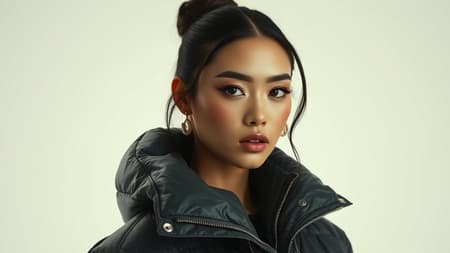 Brightly illuminated high-fashion portrait of a strikingly beautiful woman dressed in an oversized puffer jacket designed by iconic fashion houses like Craig Green, Dingyun Zhang, Yeezy, Balenciaga, and Vetements. The image captures sharp focus and intricate details, exuding a cinematic and glossy aesthetic. The styling embodies the essence of glamorous and symmetrical vogue, ideal for an editorial magazine shoot with an off-white backdrop to enhance the luxurious appeal.