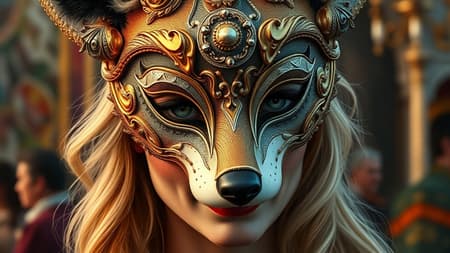 Hyper detail, photorealistic, ultra detailed, 4k, portrait of a woman at the venetian carnival, wearing an intricate fox mask adorned with gold and silver accents, her piercing blue eyes visible through the mask, strands of her golden blond hair cascading around her shoulders, set against the backdrop of a rich oil painting scene, the vibrant colors capturing the essence of the carnival's opulence and mystery, a hint of a smile playing on her lips, reflecting the festive atmosphere around her.