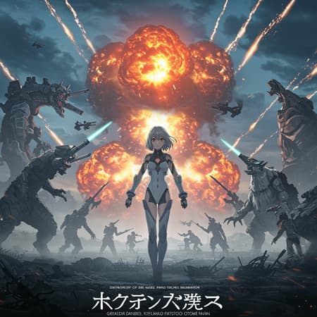 A breathtakingly powerful anime girl stands at the center of a dynamic movie poster, her presence commanding attention as the centerpiece of an epic tale. Created by the visionary minds of Hideaki Anno, Katsuhiro Otomo, and Rumiko Takahashi, this film is a box office sensation, celebrated as a masterpiece of storytelling. Surrounding her are colossal monsters and intricately designed mech creatures locked in fierce combat, set against a backdrop of nuclear explosions that dramatically illuminate the sky. Rendered in highly detailed 8k resolution, the scene captivates with its vividness and intensity, showcasing a synergy of artistic brilliance and narrative depth. With subtle creative enhancements, the core essence of this riveting concept is preserved, drawing audiences into a world of extraordinary power and epic battles.