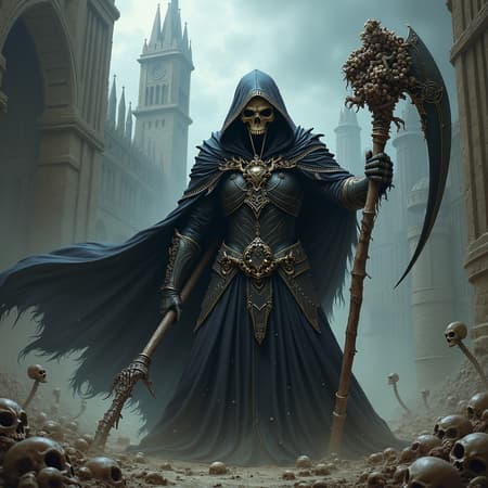 A menacing dark fantasy figure, the grim reaper clad in full plate armor, fiercely wielding an oversized scythe fashioned from bones and skulls, set against the backdrop of an ancient, foreboding city strewn with bones and skeletons. The reaper wears a flowing black hooded cloak adorned with intricate gold trim, its face concealed by a chilling skull mask. The scene vibrates with a gritty, otherworldly atmosphere, the towering skeletal architecture reflecting the battle's chaotic energy under a storm-laden sky.