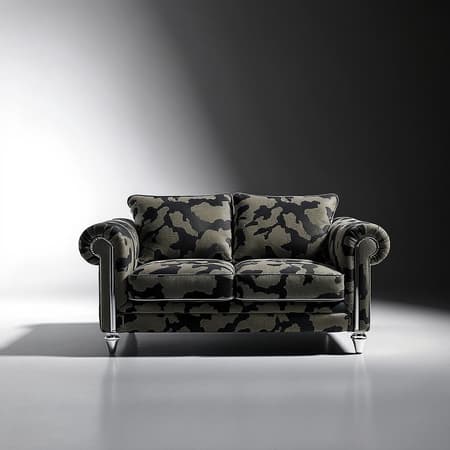 AI Capture Front Design Capture a striking front view of a small, creatively designed couch featuring a unique camouflage texture complemented by sleek steel details. Utilize a Sony α7R IV camera with a Sony FE 24-70mm f/2.8 GM lens, setting the aperture to f/8 for optimal sharpness. Freeze the motion with a shutter speed of 1/125, while maintaining an ISO of 100 to achieve the finest image quality, allowing every light pattern and material texture to be professionally showcased. The scene, set in a low-hue photo studio with a solid white and black high-contrast background, should have realistic sunlight effects combined with softbox lighting to create a dramatic yet glamorous atmosphere. The composition should focus sharply, ensuring clarity and detail in a cinematic style, with a vertical aspect ratio of 9:16, maintaining a raw, ultra-high-definition appeal, but with slight creative alterations to enhance the core concept's allure.