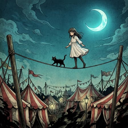 Full shot of a young anime girl in a white dress and black tights, balancing on a tightrope high above a chaotic, vintage circus. A black cat with yellow eyes walks beside her on the rope. Below, red and white striped circus tents, colorful bunting, and intricate rigging fill the scene. A bright crescent moon hangs in a deep teal-blue sky. The art style is a blend of detailed anime and woodblock print, with a textured, slightly grainy finish. Dark, dramatic shadows and bright highlights create a mysterious and whimsical mood. Dominant colors are deep teal blue, black, white, and muted reds and yellows. Intricate lines and patterns give a sense of controlled chaos.