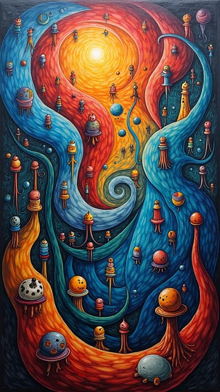 Abstract surrealism in the style of Picasso, featuring an intricate blend of shapes and colors, swirling in a harmony of vibrant hues and distorted forms. The composition captures a dreamlike chaos, with elements intertwining in unexpected ways, evoking a sense of wonder and curiosity. This visual tapestry unfolds within a tall, vertical canvas, inviting the viewer to explore its depths and hidden details, where familiar figures are transformed into imaginative fantasies.