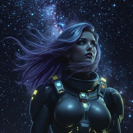 Woman in a space suit character portrait space art retro-futuristic armor high detailed official artwork her hair flows like the Milky Way fantastic cinematic art hyperrealism dramatic lighting cosmic background space elements nfixer influences nrealfixer style enhancements.