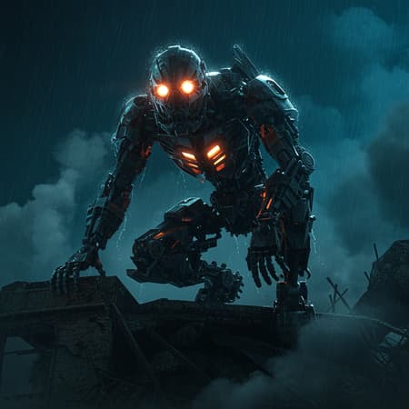 Robot Crouched Atop Art A colossal robot crouched atop a crumbling building, its luminous eyes piercing through the night. The design evokes the spirit of Bionicle and mecha, with a cyberpunk mask that blends sleek technology and intricate artistry. Rain cascades down its metallic frame, mixing with the smoke that rises from the ruins below. The scene is a brilliantly detailed 3D render, boasting ultra-high resolution and 8k quality, suitable for a stunning CG wallpaper. The atmosphere is vivid and engaging, with a finely-tuned depth of field creating a dynamic sense of scale. This visual masterpiece combines elements of cartoon, anime, and sketch styles, capturing the imagination with its amazing quality and attention to detail.