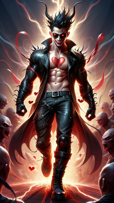 Super-hero. Sex symbol. DEMON?!!!  He used to be a bad guy, now he fights the good fight against evil! He's part of a super-hero team, and he brings the rage and the beat-down when neccessary--- but he's so cute while doing it, and all the girls just love him! 
Medium height but muscular, sinewy, well defined, lithe.  Masculine Caucasian male, handsome and cute. Hairless face other than soul-patch. Black curly hair in a tight faux-hawk, shaved on the sides and back, curly up top. Pointed ears. Sometimes during battle or an angry moment, a small pair of ivory white horns will pop out of his temples. His eyes glow red, but they're usually behind a pair of dark sunglasses. His fangs only show if he's angry or smiling-- he usually smiling and winking at some cute girl. He has retractable claws, they only pop out during battle. He prefers to wear muscle crop-top shirts to show off his abs, and really form-fitting pants to show off "other things". A pair of black leather combat boots on his feet. He wears a black trenchcoat with the sleeves cut off, open to reveal his outfit. He has a prehensile tail with a heart shaped tip, he usually keeps that hidden under the trenchcoat unless he's in battle or teasing some cute girl. He loves all the flirting and great PR he gets with his group. Full body pose, probably winking and smiling at some cute girl! 
{{{Prehensile tail with heart shaped tip}}} 