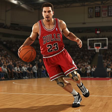 Marvel's Ironman energetically dribbles a basketball on a polished indoor court, sporting a classic Chicago Bulls uniform with the iconic red and black jersey. The scene captures the essence of realistic perspective akin to Xbox 360 graphics, blending surreal realism with intense emotive realism. The environment is eerily realistic, with dynamic lighting casting intricate shadows, emphasizing the metallic sheen of his armor intertwined with the fabric of the jersey. His focused expression, coupled with the team's emblem emblazoned on his chest, perfectly merges the worlds of superhero grandeur and basketball legacy in an elongated 9:16 aspect ratio composition.