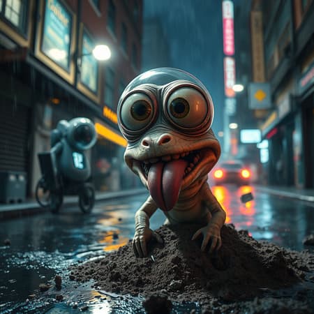 spaceship operator working at night in rainny street with strange cute friendly creatures with huge eyes, mouth, long tongue and round teeth appearing from dirt, in the style of gehry and gaudi, macro lens, highly detailed, shallow depth of fielf, digital painting, trending artstation, concept art, illustration, cinematic lighting, vibrant colors, photorealism, epic, octane render
