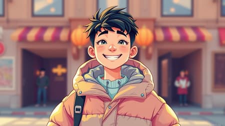 A vibrant, animated illustration of a young, cheerful man dressed in a poncho-style oversized puffer jacket, reminiscent of Off-White fashion with a touch of Tumblr aesthetics. Inspired by Yanjun Cheng, the artwork captures a lofi internet meme vibe suitable for trending on Dezeen. Rendered in a 3D style echoing the creativity of Beeple, Rhads, and Lois van Baarle, the image showcases the cartoonish appeal with bright, bold colors and a retro anime flair. This captivating illustration presents a unique blend of modern digital art and nostalgic charm in a 2:3 aspect ratio.