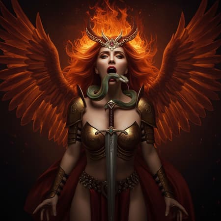 Majestic warrior goddess with an angelic face, her fiery hair flowing with intensity, unveiling a serpent as she opens her mouth. Her large eyes captivate, presented in a full-body portrait with pristine and smooth skin. Captured in a magical photograph with dramatic lighting, the scene embodies photographic realism and cinematic intimacy, highlighted by subtle contrasts, in a striking 9:16 composition.