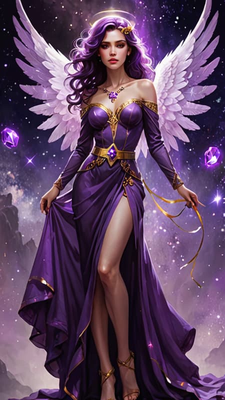 They say that purple stars don't exist in space, or that we can't see the light they emit...but they do, and there is an Angel that resides over them. She is a beautiful Angel with huge wings with Violet, purple, magenta, amethyst, lilac and magenta wings. She appears as a feminine Caucasian woman-- tall, statuesque, strong, slender but athletic. Her hair is black with streaks of purple throughout, swept back on one side, curly Bangs swept to one side with long loose curls falling over her shoulders. Her eyes are bright Violet and shine like jewels, her lips magenta, her face modelesque and pretty.  There is a glowing bright Violet halo over her head. She wears a shiny metallic long sleeved off the shoulder gown, the sleeves lacey and delicate. She wears a gold necklace around her neck with an amethyst stone pendant. Gold bracelets on her wrists, and a metallic gold belt with amethyst stones around her waist. The bottom part of her gown is flowing gently, she wears golden high heeled sandals on her feet. She stands on the edge of a galaxy, and there are purple stars where she resides. She carries a golden jeweled sword that vanquishes evil and darkness. She is God's Angel of mystery and all things unkown. Full body pose. They say that purple stars don't exist, but SHE DOES... 