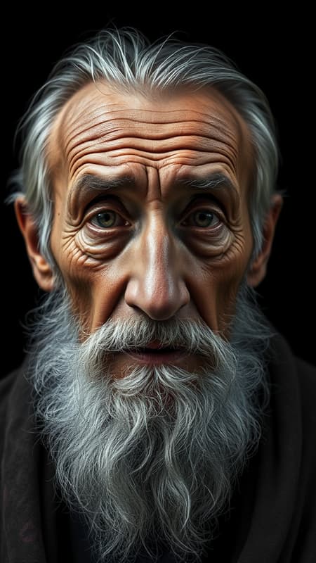 A weary elderly man with deep-set eyes and a long, wispy beard stands against a stark black background, his face etched with intricate lines that speak of decades of stories and wisdom. His expression is a poignant mix of resilience and gentleness, the corners of his eyes hinting at countless memories and experiences. Soft, subtle shadows cast across his features, enhancing the depth of his timeworn skin and the grey of his thinning hair. The overall atmosphere conveys a sense of serenity, as if he carries the weight of the past with quiet dignity, his visage a testament to the journey of life.