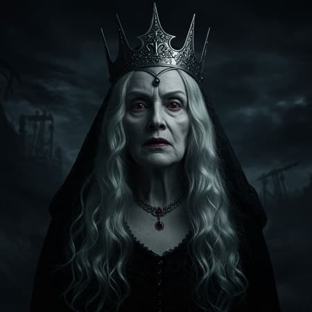 Ancient Elder Female Artwork Ancient and regal elder female Strigoi vampire exuding an aura of terrifying power, her features ultra-detailed and haunting under dramatic, high-contrast lighting. Her gaze is piercing and timeless, set against a foreboding dark background, with an atmosphere blending horror and mystery, her presence commanding and superior, embodying centuries of untold secrets and shadows.