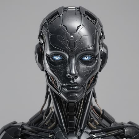 Realistic photograph of a female cyberpunk nousr robot with a highly detailed and intricate face, featuring symmetrical digital 3D design with hard surfaces and mechanical elements. The character design incorporates ultra HD VFX elements, showcasing an abstract metal sculpture vibe. The cyborg's features include an asymmetrical design with distinctive facial elements, eschewing any elements of bad art or blurry and gross proportions. The design is free from signatures, words, or watermarks, ensuring focus on the innovation and creativity of the illustration.