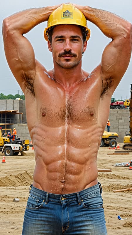 I had a dream that I was walikg by a construction site, and I saw the sexiest, most handsome construction worker there. He was a tall Caucasian male with dark brown hair, blue eyes and a mustache. He wore a bright yellow hard hat on his head. It was hot and muggy out, so he had taken off his shirt. The sun glinted off his sweaty body, the hair on his chest and under his arms wet with perspiration. His muscles were big and his body fit, his jeans were dirty but they hugged his well muscled legs, them also soaked with sweat. He saw me looking at him and I thought he'd be offended-- he smiled at me and flexed his arms, his armpits and hairy chest visible. After his brief show, he turned around and went back to work. I still cary thst memory with me, fondly... 