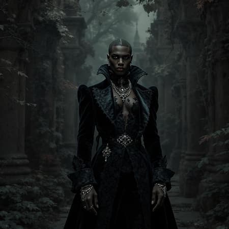 Gothic-inspired fashion editorial featuring a Black man in an enchanting, shadowy paradise; adorned in opulent velvet and lace attire with baroque details, intricate accessories, and dramatic lighting creating a mystical atmosphere among ancient architecture and lush, overgrown gardens.
