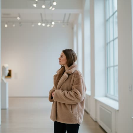 AI Woman Fluffy Design A young woman in a stylish fluffy coat stands gracefully in a minimalist, white museum hall. She gazes thoughtfully out a large window, her profile illuminated by soft natural light. The spacious, serene environment enhances the contrast between her vibrant attire and the starkness of the room, creating a striking visual harmony. As she stands slightly off-center to the right, her expression suggests a contemplative moment amidst an artful setting, inviting a narrative filled with poise and modern elegance.