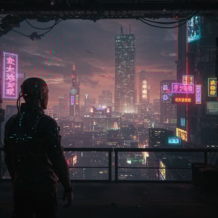 Dystopian Cyberpunk Cityscape Art Dystopian cyberpunk cityscape panorama viewed from a distant overlook, featuring an individual with an impeccably detailed face gazing out over the horizon. The scene is captured in high-detail RAW color with cinematic elements such as raytracing and specular lighting, creating a dramatic and immersive atmosphere. The shallow depth of field, captured through a 200mm lens, adds a smooth and movie-like quality. CGI elements enhance the futuristic city skyline with towering neon structures, detailed 3D renders, and a hyper-realistic feel, while carefully maintaining human proportions and avoiding disfigurements. The overall composition is sleek and artistically coherent, emphasizing the refined design and intricate textures of the setting and subject.