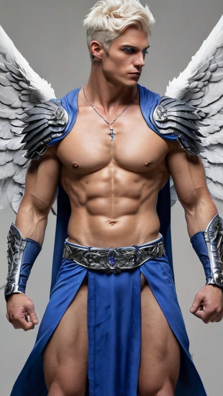  Angel, celestial, Angel of the Blue Star (Rigel). Hypermasculine male. Tall, muscular, strong, wide shoulders, broad chest, narrow waist, powerful legs, Olympian body. Fair, pale skin. Handsome, manly face.  Strong brow, chiseled jaw. Electric blue eyes, soulful and deep. Short wavy fade hairstyle {{{short hair}}} with slightly longer hair towards the front of his head {{white hair}} . A Cerulean blue silk band tied around his forehead and brow. Shiny silver pauldrons accented with sapphires on both shoulders, A silver chain with a sapphire pendant around his neck. He wears a metallic blue harness on his chest, and metallic blue bracers strapped to his arms. An ornate silver belt with sapphires around his waist. He wears a sapphire blue loincloth with silver edges/piping , the loincloth covering an impressive bulge and exposing his strong, muscular legs. Knee high metallic, blue boots of the same color. His enormous, feathery Angel wings are predominantly cobalt blue, gradating into lighter shades of blue towards the outer parts of his wings. He carries a huge battle sword made of blue flames, and he radiates a deep blue aura, for he is the Angel of the Blue Star. Full body pose. He is somewhere amongst the stars. 