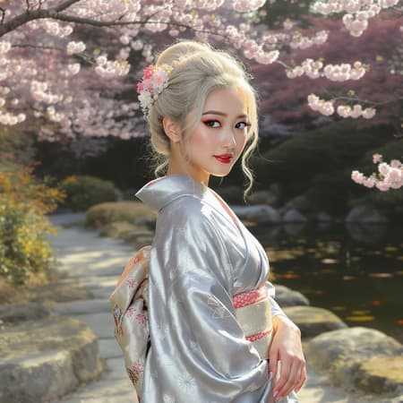 A young Asian woman with striking blonde hair, dressed in an elegant silver kimono, stands confidently. Her hairstyle is intricately woven, complementing the serene expression on her face. The kimono's subtle patterns catch the light, accentuating its luxurious texture. She exudes a captivating blend of traditional grace and modern style.