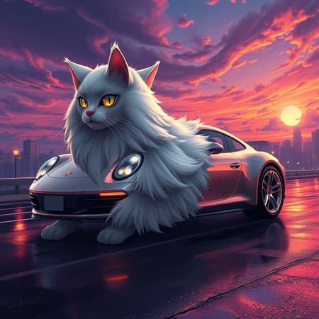 Imagine a mesmerizing hybrid creature, blending the graceful features of an Angora cat with the streamlined allure of a Porsche 911. This distinctive being boasts a feline physique adorned with luxurious cascading fur that seamlessly merges with sleek automotive design elements. Its glossy metallic coat gleams under the light, while smooth, curved panels highlight its aerodynamic form. The creature's eyes shine like radiant headlights, casting an ethereal glow. Its paws resemble intricately engineered wheels, combining natural elegance with mechanical sophistication. The backdrop features a captivating animated landscape at dusk, where a deep purple sky swirls with clouds, contrasted by vivid orange and pink hues of a setting sun. Intricate city lights dance across glistening wet streets, creating a reflective mosaic. The perspective is dynamic, emphasizing a breathtaking horizon in a digital painting style, utilizing rich colors and fluid brushstrokes to evoke a sense of awe and peace, reminiscent of the enchanting works of Makoto Shinkai.