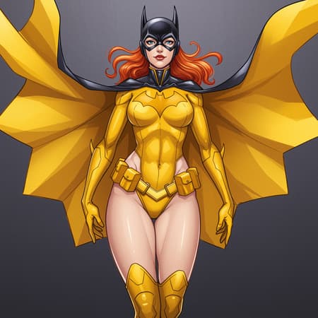 A stunning digital illustration of Batgirl/Supergirl from DC Comics, reimagined in a striking alternate yellow costume that radiates allure and coyness. The full-body artwork captures the essence of freedom and soul, rendered in a comic style that blends cyberpunk elements with perfect anatomy. Inspired by the mastery of Kim Jung Gi, Carne Griffiths, and Wadim Kashin, this piece features dynamic, highly detailed watercolor techniques. The character is centered and depicted with a smooth, sharp focus, achieving an award-winning level of artistry. The concept art is unique, with an intricate design that's both a masterpiece and a testament to creative excellence.