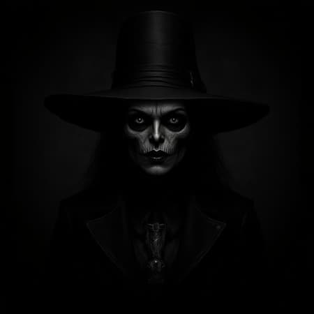 A captivating vampire witch with an oversized hat, her features skeletal and mysterious, rendered in a style reminiscent of Eve Ventrue's dark elegance and Paul Hedley's refined portraiture. The scene is illuminated with V-Ray tracing to enhance the atmospheric depth, blending the gritty allure of western-style portraits with the edgy aesthetics of cartelcore. The ultra-high-definition image captures intricate details, evoking the macabre charm of a death burger theme, set against a moody, enigmatic backdrop.