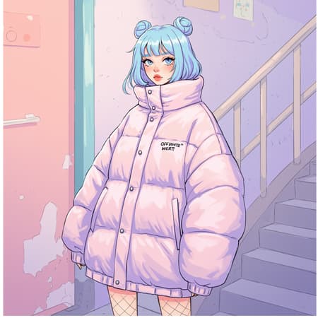 A whimsical digital illustration of a woman in a poncho-style oversized puffer jacket, with influences from Off-White and Yanjun Cheng's aesthetic. The scene captures the essence of Tumblr's eclectic vibe and the lo-fi girl internet meme trend, resonating with the kind of designs trending on Dezeen. This piece is reminiscent of a catalog photo but rendered in 3D with artistic flair akin to Beeple, Rhads, and Lois van Baarle. The cartoonish style illustrates the retro anime girl in bright pastel hues, adding a soft yet striking contrast. It's a captivating artwork that balances nostalgia with modernity, featuring an easygoing charm.