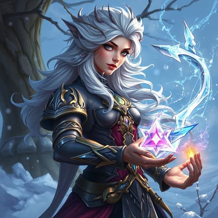 Elsa-inspired fantasy character, immersed in a Dungeons & Dragons world, showcasing an intricate and elegant design with highly detailed elements. A digital painting that captures the essence of artstation concepts, with a matte finish and sharp focus. This illustration combines the stylistic influences of Hearthstone, with the artistry of Artgerm, Greg Rutkowski, and Alphonse Mucha, rendered in exquisite 8k resolution for a visually captivating experience. Adding subtle creative modifications, she wields a magical artifact in a snowy landscape, surrounded by ethereal wisps of frost and light, evoking a sense of mystique and power.