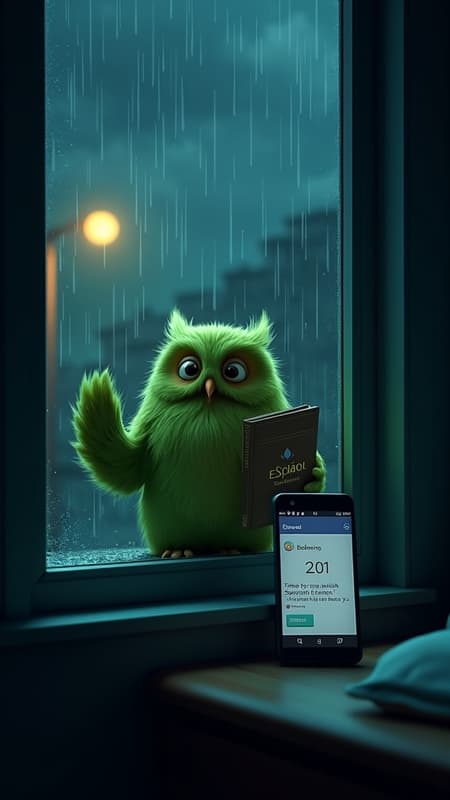Photorealistic render of Duolingo owl mascot, Duo, looking through a rain-streaked window at night, holding an "Español Dictionary" book. He waves a wing, smiling. A streetlamp glows in the background. In the foreground, a bedroom nightstand with a smartphone displaying "2:01" and a Duolingo notification overlaying the scene: "Duolingo: 2:01 AM Time for your Spanish lesson! Don't break your streak! 🦉". The room is dark, illuminated only by the phone screen and the faint light from outside. The mood is eerie and persistent. Dark, muted blues and greens dominate the color palette, with bright green for Duo. Detailed textures on Duo's fur and raindrops on the window. Volumetric lighting.