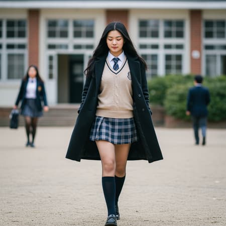 A charming 18-year-old girl in a school uniform featuring a vest sweater, coat, and plaid mini skirt, with a curvy figure and long black hair. She walks gracefully across the school grounds, framed by soothing tones and muted colors. The scene is enriched with high contrast and vibrant saturation, capturing the elegance and essence of youth.
