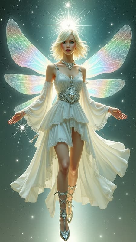 Cosmic, universal. The light of Heaven is with her, no shadow dares approach her. Faery Queen and Archangel in one. Sylph, fairy. Regal, royal, elegant. Beautiful young face, shining chartreuse green eyes with long blond lashes. Short white-gold hair, side swept on one side forming a beautiful braid in the back of her head, side swept bangs fall over her eyes. Over her head is a halo made of stars, with the center star being the brightest. Elvish ears. Delicate model face with glossy pink lips. A white lace collar with a diamond at the center around her neck. She wears a white pearlescent royal long sleeved tiered gown, embedded with crystals, a silver belt with diamonds around her waist. The tiered bottom half of her dress is shorter on the sides, revealing long lovely legs. On her back is an enormous, over-sized pair of dragonfly wings, translucent and iridescent with all the colors of the rainbow/spectrum. She wears a pair of silver high heels with silver gladiator straps. She leaves a cloud of glitter wherever she flies. She shines with a silver light/aura, she radiates light and power. Full body pose, opening a portal to Heaven and entering the light... Cosmic, universal. The light of Heaven is with her, no shadow dares approach her. Faery Queen and Archangel in one. Sylph, fairy. Regal, royal, elegant. Beautiful young face, shining chartreuse green eyes with long blond lashes. Short white-gold hair, side swept on one side forming a beautiful braid in the back of her head, side swept bangs fall over her eyes. Over her head is a halo made of stars, with the center star being the brightest. Elvish ears. Delicate model face with glossy pink lips. A white lace collar with a diamond at the center around her neck. She wears a white pearlescent royal long sleeved tiered gown, embedded with crystals, a silver belt with diamonds around her waist. The tiered bottom half of her dress is shorter on the sides, revealing long lovely legs. On her back is an enormous, over-sized pair of dragonfly wings, translucent and iridescent with all the colors of the rainbow/spectrum. She wears a pair of silver high heels with silver gladiator straps. She leaves a cloud of glitter wherever she flies. She shines with a silver light/aura, she radiates light and power. Full body pose, opening a portal to Heaven and entering the light...