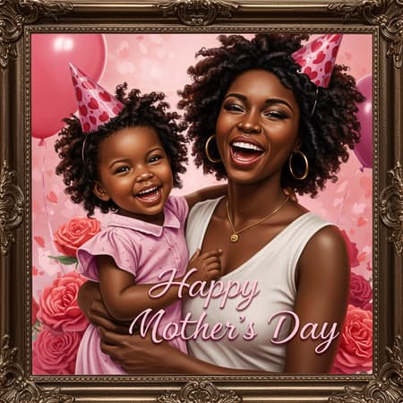 A stunningly detailed and hyperrealistic portrayal of an African American woman and her child, exuding joy and love as they celebrate Happy Mother's Day. They are enveloped in a symphony of vibrant colors and exquisite details, beautifully capturing their expressions of happiness. An elegant, ornate frame encapsulates the scene, ensuring every element remains intact without any cropping. Rendered in a meticulous airbrush style with 8K acrylic quality, the artwork emphasizes the woman's joyful demeanor and the lively festive atmosphere. The words 'Happy Mother's Day' are artistically integrated within the composition, enhancing the celebratory mood with subtle creative touches.