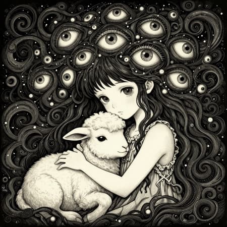 A hauntingly beautiful illustration in the style of Junji Ito and Yoshitaka Amano. A young girl with wide, innocent eyes and delicate features embraces a fluffy lamb, their faces close together. Her hair is intricately adorned with swirling, spiral patterns that morph into numerous watchful eyes, some with subtle irises, creating a surreal and unsettling crown. The background is a dense, organic tapestry of dark, intricate swirls and scattered dots, echoing the patterns in her hair. The art style is highly detailed, using fine line work, cross-hatching, and stippling, reminiscent of woodcut or etching. The color palette is monochromatic, primarily black and white with subtle sepia tones, creating a dramatic, high-contrast effect. The lighting is soft but emphasizes the intricate textures and patterns. The mood is eerie, melancholic, and dreamlike, with an underlying sense of mystery and cosmic horror. Full body shot, highly detailed, intricate patterns, black and white, surrealism.