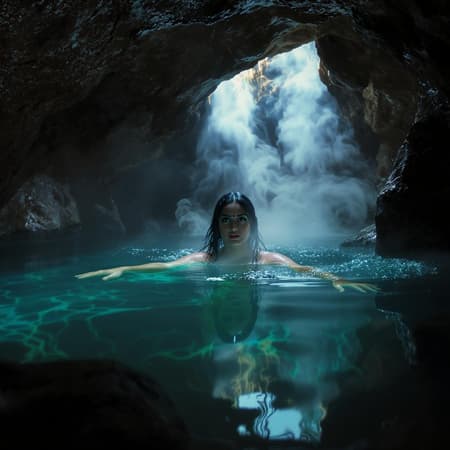 An ethereal hot spring nestled within a shadowy cave, steam gently wafting from the shimmering surface. An Indian woman with flowing wet black hair glides through the water, her eyes meeting the observer's with an enigmatic gaze. Rays of sunlight pierce through the cave's opening, casting a mesmerizing dance of reflections across the water and sculpting her figure in a mysterious silhouette.