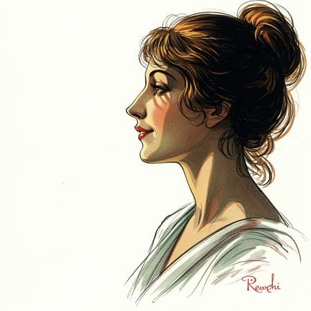 Vintage lithograph of an elegant woman in profile, wearing a serene expression with a gentle smile, set against a stark white background. The lighting is dramatic, casting intricate shadows that accentuate her features. The artwork is rendered with delicate sketches reminiscent of Odilon Redon's style, incorporating subtle flourishes of color and dreamlike textures to evoke a sense of timeless grace.