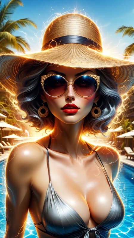 Supervillain, very powerful woman. Opulence, style, glamour. She has only one power, but it is EVERYTHING. She can curse anyone and MAKE IT STICK, and she's the only one that can disspell it. She is beautiful-- not that anyone really knows what she looks like. She ALWAYS has a pair of dark sunglasses on her face.  She keeps her hair combed back in a bun and a large fashionable wide-brimmed hat on her head. {{{She keeps her hair tucked up under her hat, hair not readily visible}}} She is curvy. She likes to hang out at the pool in her bathing suit. She is well tanned, just like those beautiful women in the Ban-De-Soleil commercials. If not there, then a fancy 5-star restaurant, 5-star hotel, penthouse parties, anywhere the really wealthy hang out. She is supposedly a middle aged woman, but no one knows  how old she really is, and you better not ask her. That for sure will get you cursed. She's the mystery lady in the dark sunglasses and really wide-brimmed  hat... {{{Wide-brimmed jat obscures hair, hair not visible}}} 