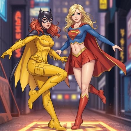A stunning digital illustration featuring Batgirl and Supergirl from DC Comics, both wearing alternate yellow costumes that exude a coy and alluring charm. The composition showcases a full-body depiction of the duo in a style reminiscent of Kim Jung Gi's dynamic artistry, capturing a sense of freedom and soul. The scene is set in a cyberpunk universe, with perfect anatomy and a centered composition approaching perfection. The artwork is highly detailed, blending watercolor painting techniques with comic-style elements. It presents a smooth and sharp focus, creating a unique and award-winning masterpiece. The style is influenced by the visionary works of Carne Griffiths and Wadim Kashin, offering a highly detailed, unique piece of concept art worthy of ArtStation's finest.