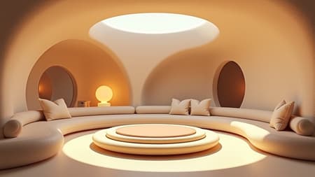 Retro-futuristic architecture render of a dreamy, imaginary sunken living room conversation pit, inspired by 70s design, featuring smooth, flowing lines and a blend of organic and geometric shapes. The space exudes a cozy yet sophisticated vibe with a neutral beige color scheme and soft, ambient lighting creating a warm atmosphere. Textures vary from plush fabrics to sleek, reflective surfaces, while thoughtful details like vintage-inspired furnishings and subtle metallic accents round out the 8k visual masterpiece, capturing the essence of a bygone era with a futuristic twist.