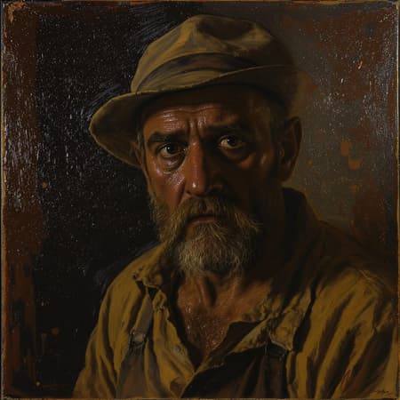 Portrait of a weary 19th-century laborer, male, with a fatigued expression, capturing the essence of the XIX century. The artwork features bold, heavy brushstrokes, layered with textured impasto paint, showcasing a high level of detail and intricacy. Bathed in cinematic lighting, the oil painting highlights the highly textured skin of the subject, evoking a dramatic atmosphere. Inspired by the styles of Vittorio Matteo Corcos, Albert Lynch, and Tom Roberts, the piece conveys a sense of depth and realism, rendered in stunning 8k resolution, evoking the classic appeal often trending on art platforms. Portrait of a weary 19th-century laborer, male, with a fatigued expression, capturing the essence of the XIX century. The artwork features bold, heavy brushstrokes, layered with textured impasto paint, showcasing a high level of detail and intricacy. Bathed in cinematic lighting, the oil painting highlights the highly textured skin of the subject, evoking a dramatic atmosphere. Inspired by the styles of Vittorio Matteo Corcos, Albert Lynch, and Tom Roberts, the piece conveys a sense of depth and realism, rendered in stunning 8k resolution, evoking the classic appeal often trending on art platforms.
