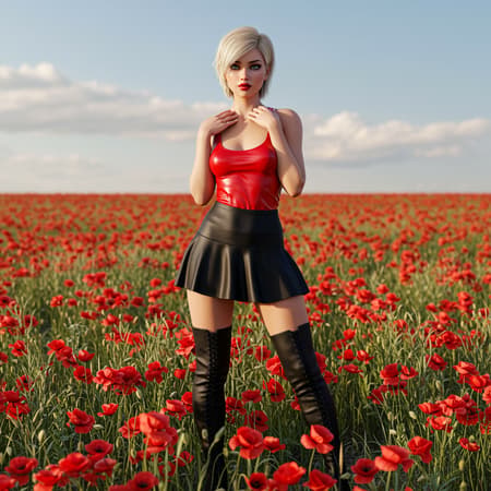 A stunning young woman in her mid-20s with short, fashionable blonde hair and pale blue eyes stands elegantly by a beautiful field of red poppies. She embodies a "Barbie" style with an immaculate physique and radiates elegance. She's dressed in a tight, shiny red dress paired with a sleek black satin mini-skirt and black thigh-high commando-style boots. Her glossy red lips and nails add to her allure. This scene is a 3D-rendering of high detail, captured in 16k UHD HDR quality. The picture focuses on the harmonious blend of her striking appearance with the vibrant poppy field as the backdrop.