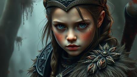 A detailed full body concept art illustration, softly focused dark aesthetic, inspired by plague style, featuring a young Viking warrior girl in intricately designed attire, enhanced with biomutant elements and dystopian undertones. The artwork retains micro detailing and a 4K octane render quality, conceived as an oil painting on canvas. In this imaginative piece, the Viking girl exudes a sense of strength and vulnerability. Her expressive eyes shine through the darkened palette, capturing a moment of resilience. The scene unfolds with an array of abstract, dreamlike elements, gently blurring the lines between reality and fantasy. The portrayal remains vivid yet abstract, curiously inviting viewers to explore the deeper layers of this surreal, otherworldly narrative.