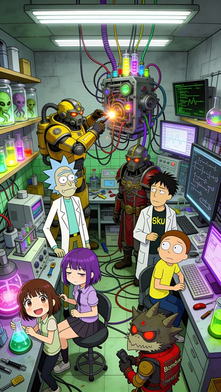 A Crowded, Chaotic Laboratory Scene A crowded, chaotic laboratory scene featuring multiple characters from different franchises working together. The central focus is a large, complex machine with many wires, tubes, and glowing vials, being welded by a Warhammer 40,000 Ork in a yellow power suit. Rick Sanchez from Rick and Morty, Senku Ishigami from Dr. Stone, a Warhammer 40,000 Tech-Priest, a tired anime girl with purple hair, a cheerful anime girl with brown hair, and Bondrewd from Made in Abyss are all present, interacting with various pieces of equipment and each other.
Art style: Cartoon, comic book, anime, digital art. Vibrant colors with bold outlines.
Lighting: Bright, overhead fluorescent lighting with localized glows from screens and experiments, highlighting the chaotic energy.
Mood: Humorous, busy, inventive, slightly mad scientist vibe.
Colors: Grays and muted greens for the lab walls, contrasting with bright yellows, greens, purples, and reds in the equipment and character outfits. Neon glows from liquids and screens.
Details: Shelves with alien specimens in jars, glowing scientific equipment, complex equations on computer screens, various tools strewn about, wires and cables everywhere.