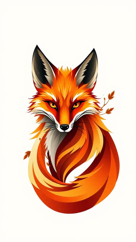 Create a logo featuring a fox in ultra-high-definition with intricate detailing. The fox should convey elegance and agility, intertwined with abstract geometric shapes to add a modern twist. Its fur should display a play of vibrant oranges and deep reds, capturing the essence of a dynamic, spirited creature. The eyes of the fox should be sharp and expressive, with a hint of mischief and intelligence, subtly integrating elements of nature such as leaves or branches for a harmonious balance between the wild and the artistic.