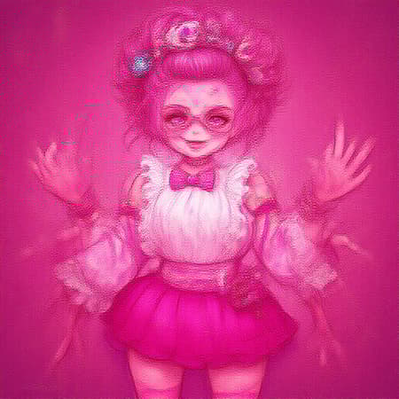 Art inspired by Shintaro Kago featuring a solo figure embodying menhera and Yamikawa Punk styles, with influences from jirai kei. The character's face is detailed, showcasing pink eyes and a white blouse adorned with frills. They are dressed in a skirt, and accessorized vibrantly, representing Japanese subculture and fashion. There's a blend of grunge, noise pop, and a manic, punky style. Stockings add to the colorful, predominantly pink theme. The artwork is rendered in high detail, akin to 16k UHD and HDR quality. The character possesses unique attributes, such as a cloned face and cross-eyed gaze, alongside extra fingers and mutated hands. The image is intentionally cropped, avoiding low resolution along with the elimination of any text, jpeg artifacts, signatures, watermarks, or artist names. The scene captures the punk essence with a bold and eclectic appearance. The neck is elongated, adding a surreal touch while ensuring the composition remains within frame.