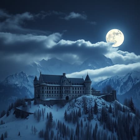 Mountains Rise Grace, Artwork In the background, the snow-draped mountains rise with majestic grace, their summits lost amidst the swirling clouds. These mountains boast a palette of deep, rich indigo hues, accented with subtle whispers of lavender and slate that shimmer and shift with the changing light. They seem to extend endlessly, offering a profound sense of depth and scale that captivates the eye. Bathed in celestial light, the scene is softly ethereal as the luminous moon showers a silver radiance over the landscape. This moonlit glow accentuates the intricate textures and delicate details of the castle and its surroundings, bringing a sense of depth and dimension to the forefront. Shadows deepen, infused with hints of cobalt and amethyst, contributing to the atmosphere of mystery and enchantment. The image captures an awe-inspiring beauty, where the regal castle and the breathtaking natural scenery merge to evoke a sense of wonder and magic.