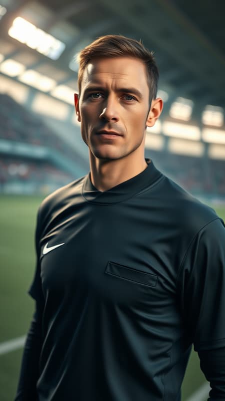 An attractive football referee standing in the center of a football field, looking directly at the viewer. The portrait captures realistic and highly detailed skin in an 8k, photo-realistic quality. The full-length frame features high detail RAW color art with diffused soft lighting and shallow depth of field. The image showcases sharp focus and hyperrealism with cinematic CGI lighting, embracing a 3D appearance. The referee's expression and stance are confident and commanding, with a clear and unobstructed view free of visual distractions such as low resolution, errors, or digital artifacts. The overall composition avoids any distortions, misproportions, or unnatural features, maintaining artistic and anatomical accuracy. An attractive football referee standing in the center of a football field, looking directly at the viewer. The portrait captures realistic and highly detailed skin in an 8k, photo-realistic quality. The full-length frame features high detail RAW color art with diffused soft lighting and shallow depth of field. The image showcases sharp focus and hyperrealism with cinematic CGI lighting, embracing a 3D appearance. The referee's expression and stance are confident and commanding, with a clear and unobstructed view free of visual distractions such as low resolution, errors, or digital artifacts. The overall composition avoids any distortions, misproportions, or unnatural features, maintaining artistic and anatomical accuracy.